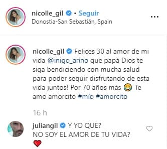 "Felices 30 al 
<b>amor de mi vida</b> Iñigo Ariño, que papá Dios te siga bendiciendo con mucha salud para poder seguir disfrutando de esta vida ¡juntos!", escribió.