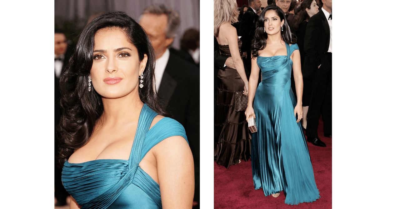 Como es de esperarse, los premios más importantes del cine es cuando Salma Hayek luce algunos de sus mejores ‘outfits' y en la edición del 2006 llevó un vestido azul, con tirantes hacia un hombro y detalles plisados en el escote y falda.
