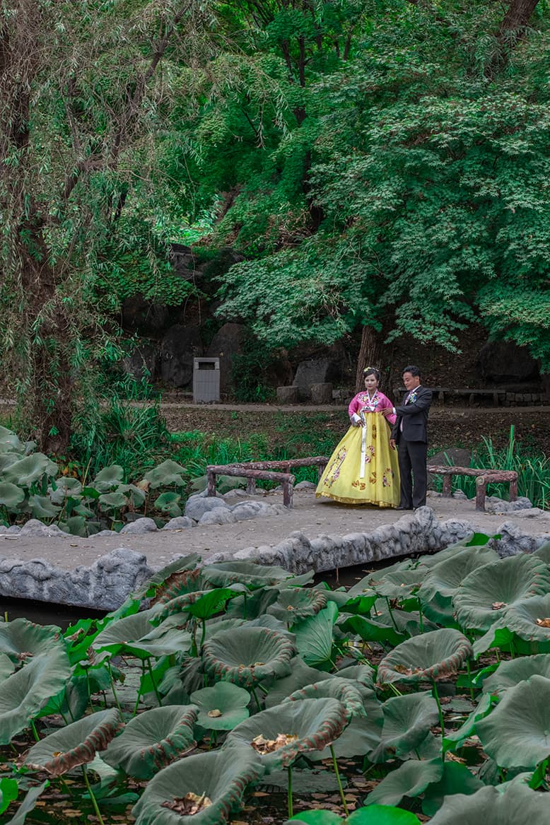 “El amor flota en el aire en el parque Moranbong, ubicado en el centro de Pyongyang. En medio de lagos, arroyos y flores de colores, las parejas de recién casados lucen sus trajes tradicionales, se lee en el libro sobre esta fotografía.
<br>
<br> “Según la tradición, los recién casados deben visitar el Gran Monumento Mansudae, con estatuas de bronce de 72 pies de altura de los ex líderes Kim Il Sung y Kim Jong Il”, agrega la publicación.
<br>