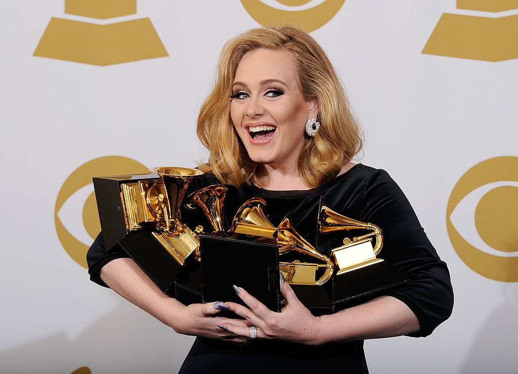 LOS ANGELES, CA - FEBRUARY 12: Singer Adele, winner of six GRAMMYs, poses in the press room at the 54th Annual GRAMMY Awards at Staples Center on February 12, 2012 in Los Angeles, California. (Photo by Kevork Djansezian/Getty Images)