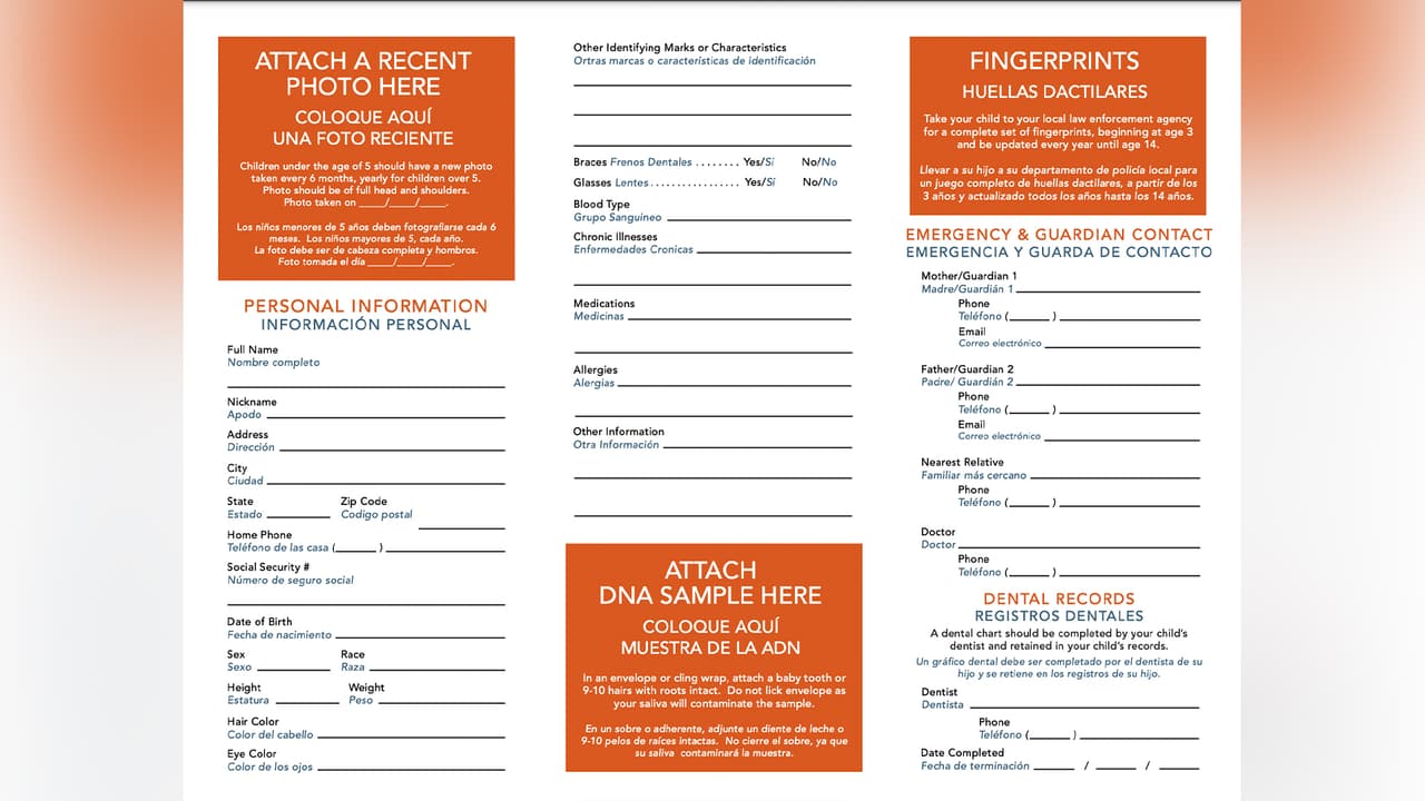 El
<b><a href="https://centerforthemissing.org/wp-content/uploads/dlm_uploads/2014/04/IDKit-2016-FINAL-1.pdf" target="_blank">kit de seguridad</a></b> debe incluir información personal del menor, como nombre, apodo, dirección, número de seguro social, fecha de nacimiento, sexo, raza, peso, altura, color de ojos y cabello y algunos otros datos.