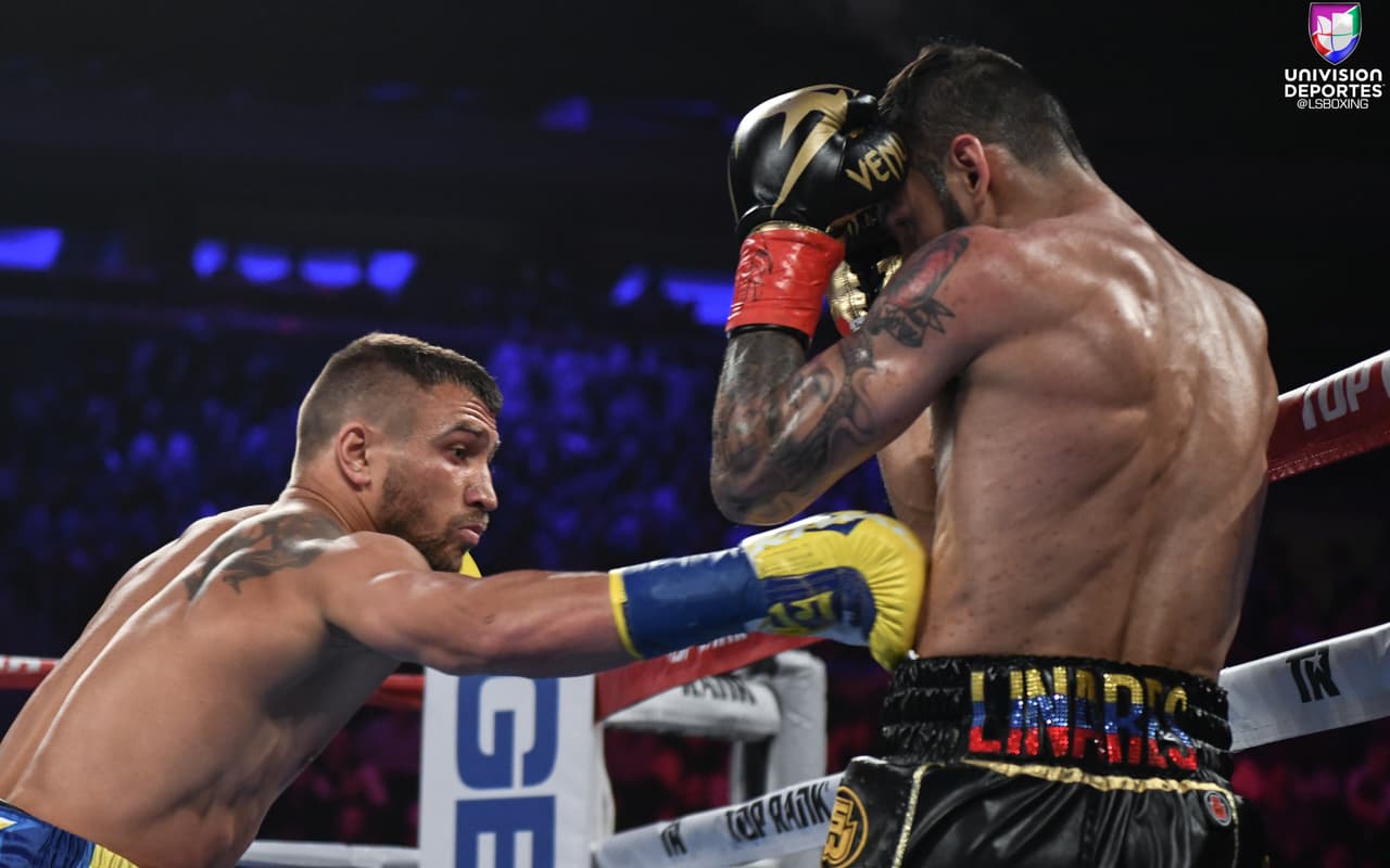 Jorge Linares y Vasyl Lomachenko brindaron la pelea del primer semestre del 2018 en el Madison Square Garden. El venezolano mandó al ucraniano a la lona en el sexto round, pero éste se levantó para terminar la contienda en el décimo asalto con un fulminante gancho al hígado. De esta forma, Lomachenko se convirtió en el campeón mundial ligero de la AMB y obtuvo se tercer título en tres categorías de peso diferentes (pluma, superpluma y ligero).