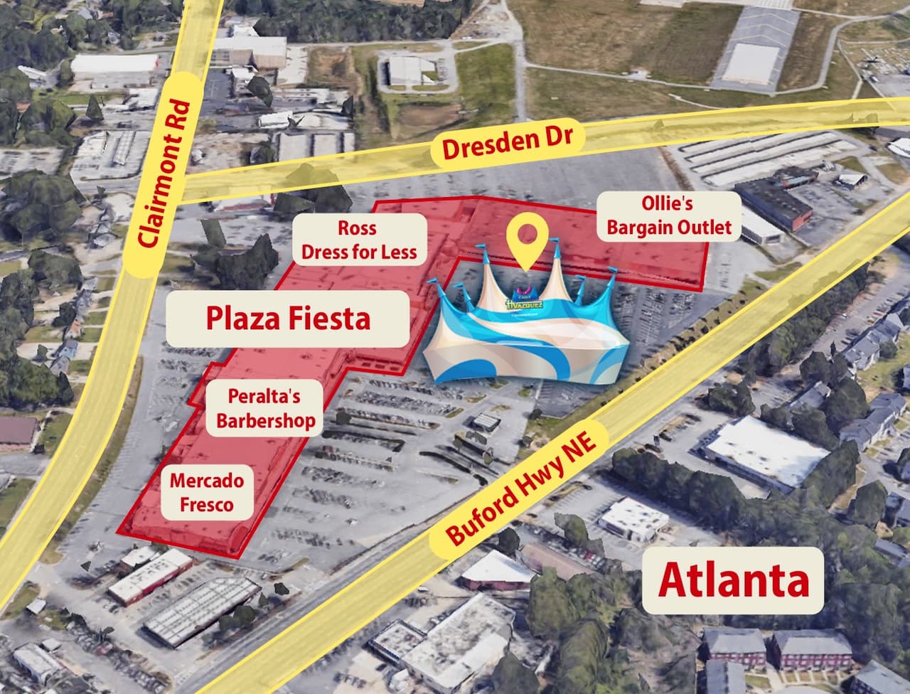 El Circo instalará su carpa en el estacionamiento de la Plaza Fiesta, en el 
<b><a href="https://goo.gl/maps/HMCWcYB6GroZsLZs7">4166 Buford Hwy NE. Atlanta, GA, 30345</a></b>.