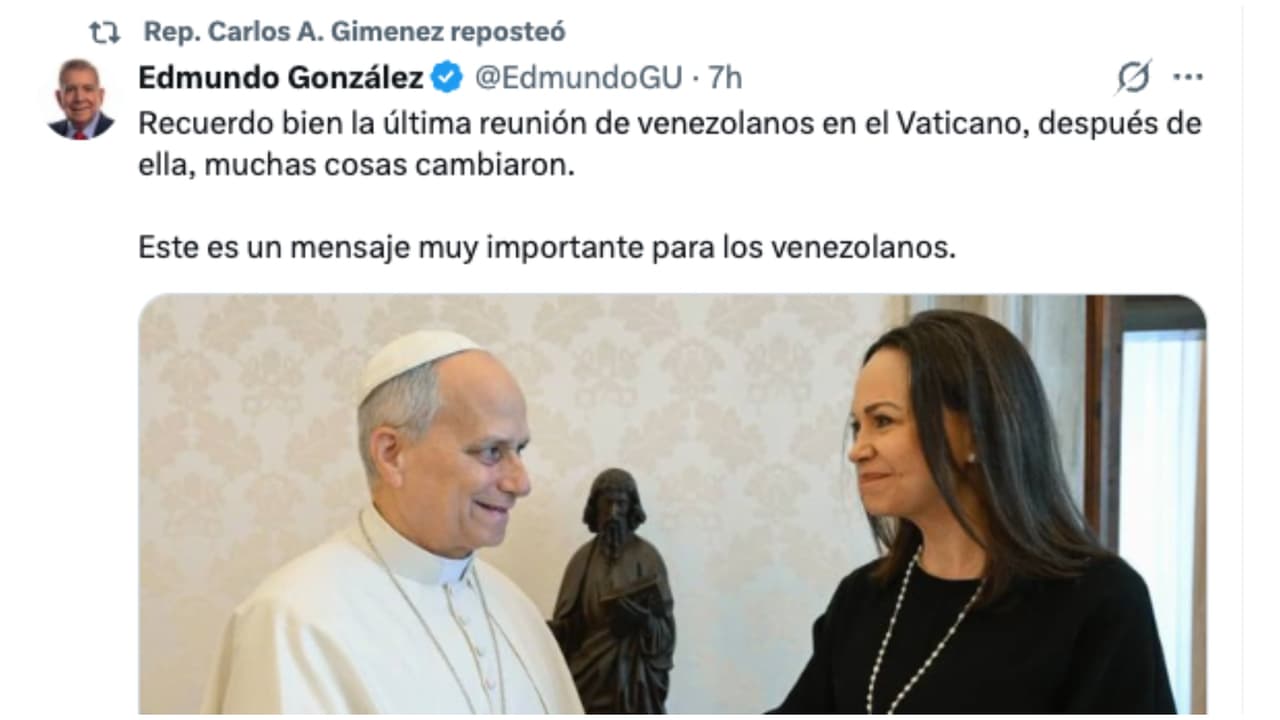 El representante de Florida
<a href="https://x.com/RepCarlos" target="_blank">Carlos Giménez compartió en su cuenta de X</a> el post de Edmundo González, quien 
<a href="https://www.univision.com/noticias/america-latina/centro-carter-oea-sobre-elecciones-presidenciales-en-venezuela-edmundo-gonzalez-gano-mas-del-67-de-los-votos" target="_blank">fue el ganador de las elecciones de Venezuela el 28 de julio de 2024</a>.