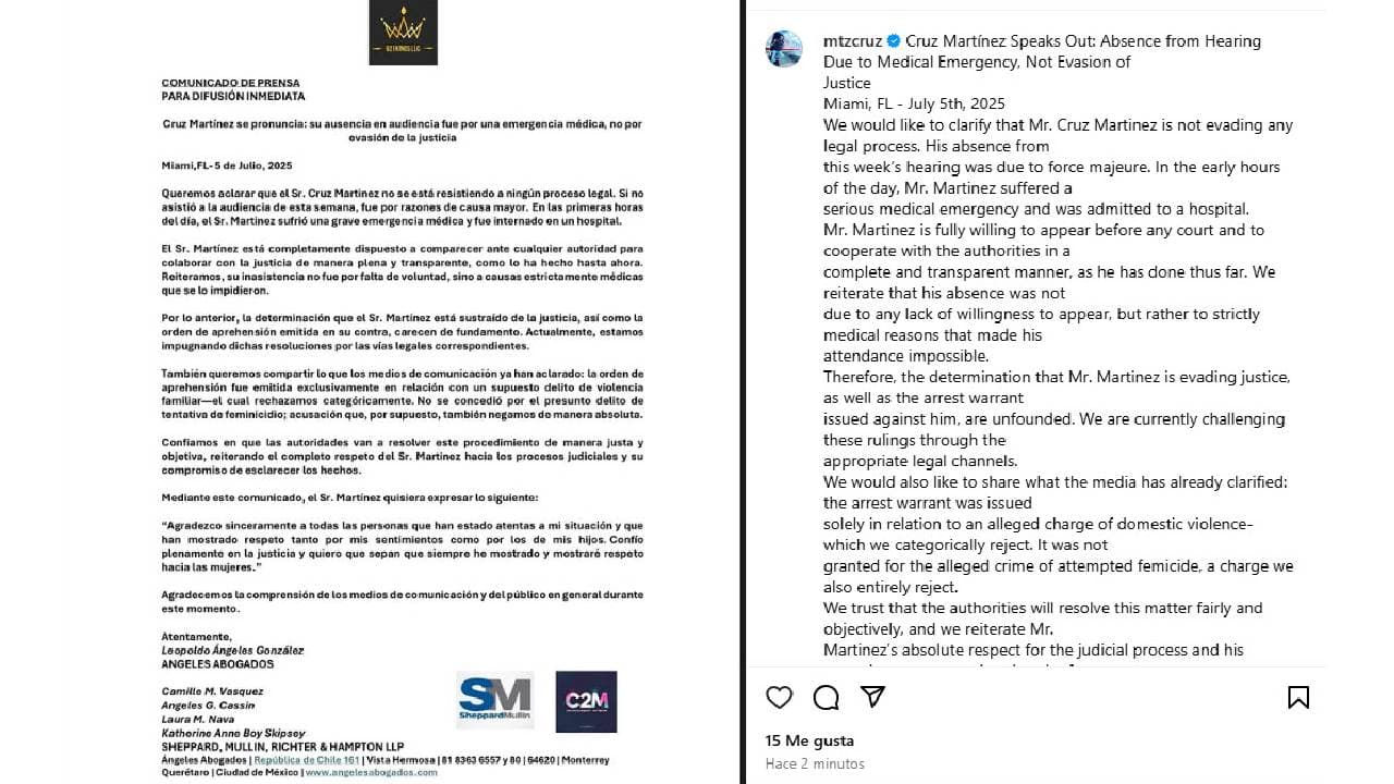 Equipo de abogados de Cruz Martínez emite comunicado.