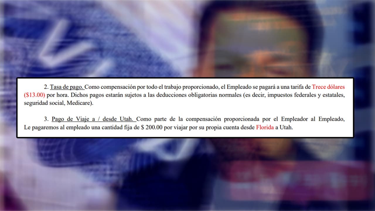 Personas entrevistadas por 
<i>Univision 32</i> compartieron un documento enviado presuntamente por Molina, donde se pueden leer alguna de las condiciones, por ejemplo, el pago de $13 por hora y una especie de bono para aquellos que viajaron desde Florida hasta Utah.
