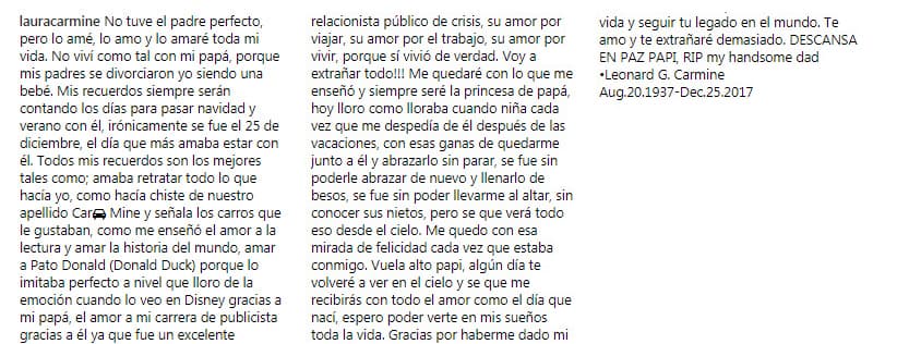 Fue con este emotivo mensaje que Laura Carmine le dio el último adiós en Instagram.