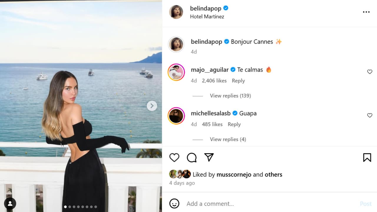 La controversia que ahora envuelve a Majo Aguilar surge porque Belinda publicó en Instagram esta foto desde un balcón del prestigioso Hotel Martínez en Cannes.