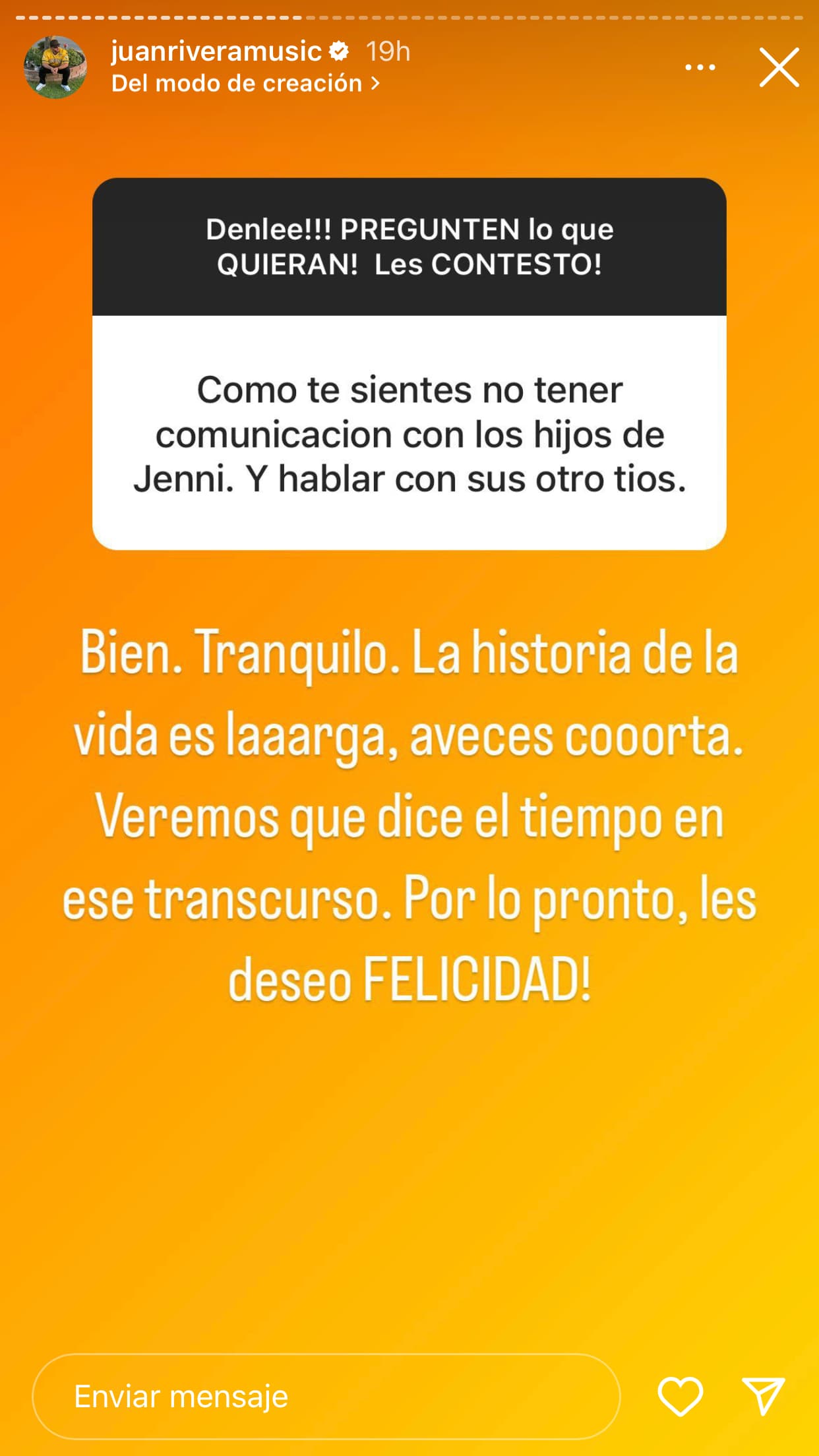 <b>"Bien. Tranquilo"</b>, aseguró, "la historia de la vida es larga, a veces corta. Veremos qué dice el tiempo en el transcurso. Por lo pronto, ¡les deseo felicidad!".
<br>
