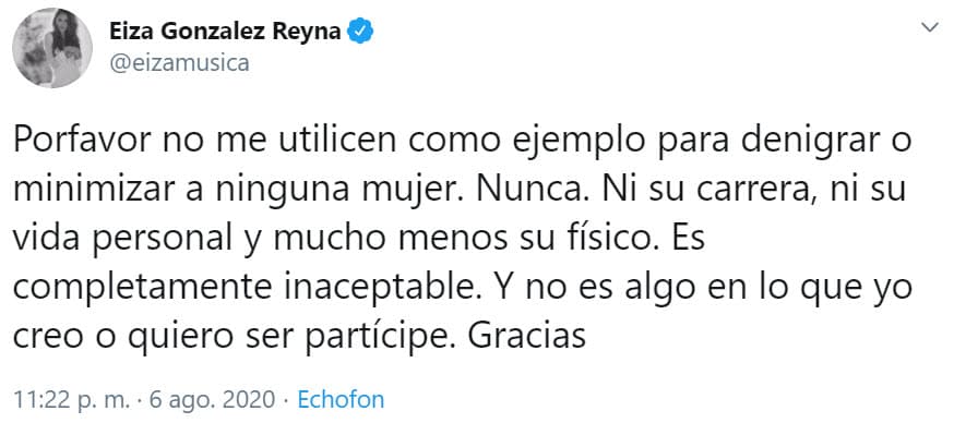 Finalmente, pidió que no la consideren como ejemplo 
<b>"para denigrar o minimizar a ninguna mujer</b>. Nunca. Ni su carrera, ni su vida personal y mucho menos su físico. Es completamente inaceptable", solicitud que hizo tras la ola de comentarios en redes sociales que aseguraban ella "tiene mejor gusto" en cuanto a los hombres que elige como pareja.
<br>