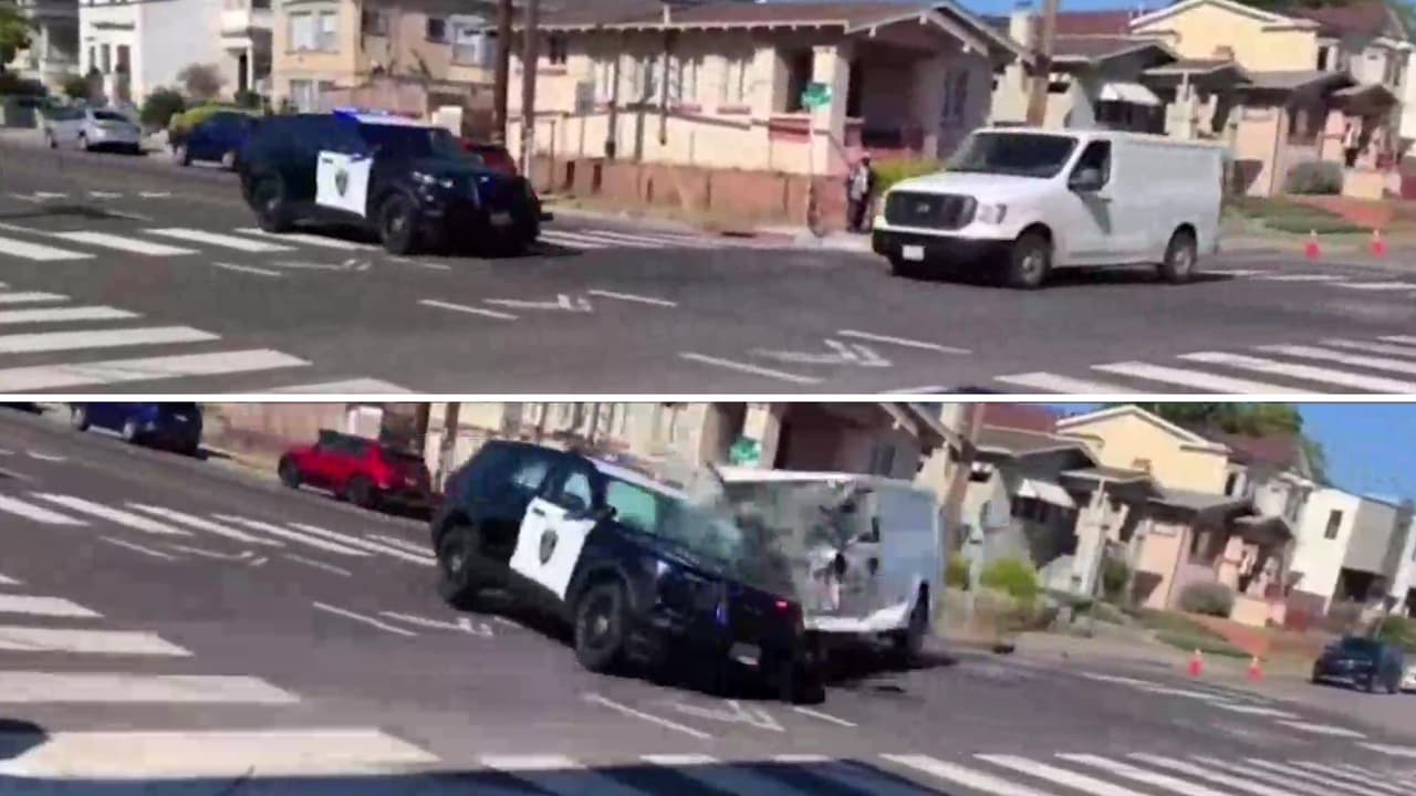 Persiguen a sospechosos de robo de auto a mano armada: chocan patrulla en Oakland