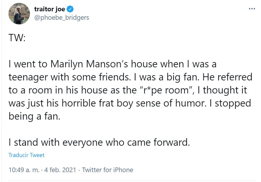 Bridgers, de 26 años, lo conoció cuando era una adolescente: "Fui a la casa de Marilyn Manson cuando era una adolescente. Yo era una gran fan. Él se refirió a una habitación de su casa como la 'sala de violación', yo pensé que era solo su horrible sentido del humor de un muchacho de fraternidad. Dejé de ser fan", escribió en Twitter.