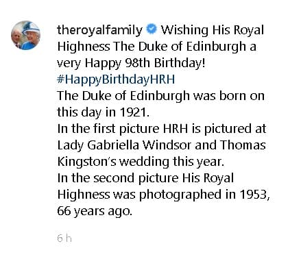A través de la 
<b><a href="https://www.instagram.com/p/ByhjHZPHD6l/" target="_blank">cuenta oficial de Instagram de la familia real</a></b>, se publicó este mensaje: ¡Deseando a su alteza real, el duque de Edimburgo, un feliz cumpleaños número 98!”.