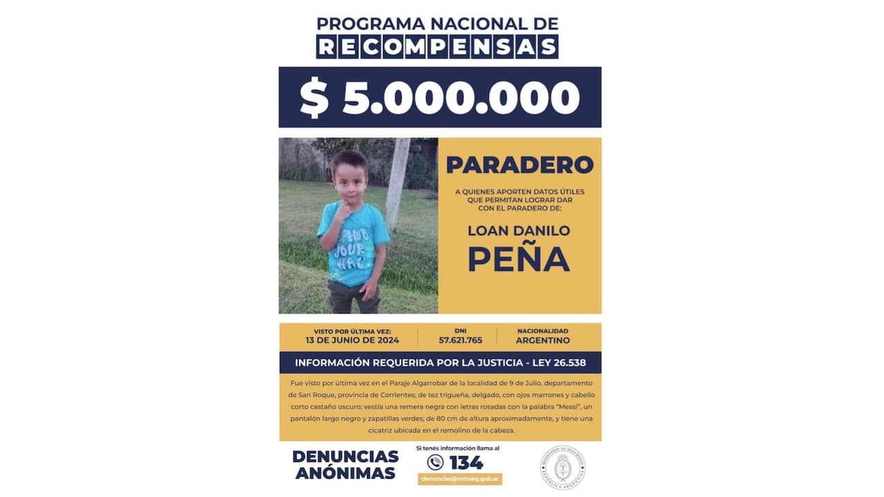 Afiche del Ministerio de Seguridad de Argentina ofeciendo una recompensa por información sobre el paradedor del niño Loan Danilo Peña, de cinco años de edad, quien se encuentra desaparecido desde el 13 de junio.