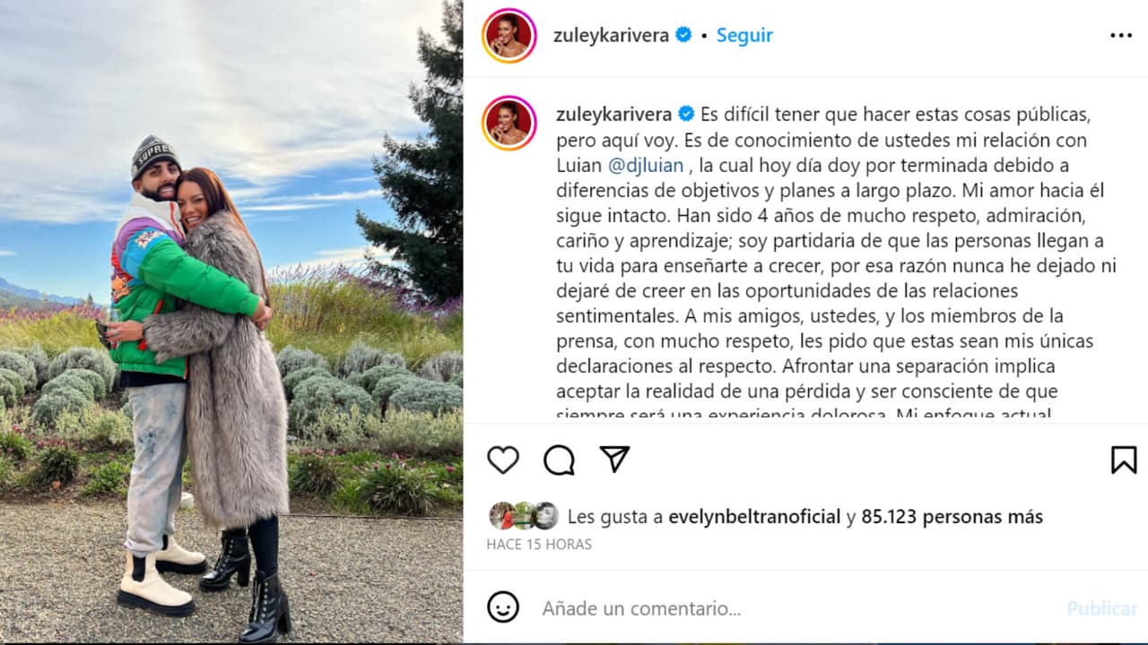 Zuleyka Rivera anunció su separación de DJ Luian con esta foto y mensaje en Instagram.