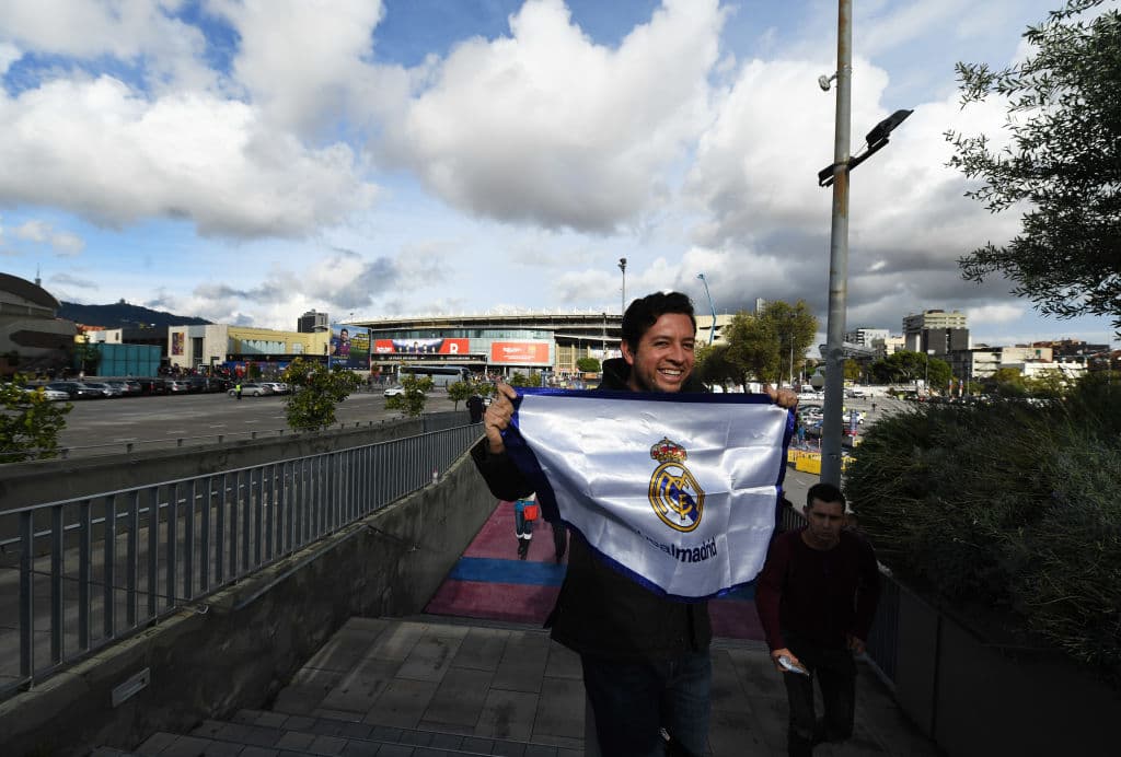 BARCELONA, SPAIN - OCTOBER 28: A Real Madrid outside the stadium prior to the La Liga match between FC Barcelona and Real Madrid CF at Camp Nou on October 28, 2018 in Barcelona, Spain. (Photo by David Ramos/Getty Images)