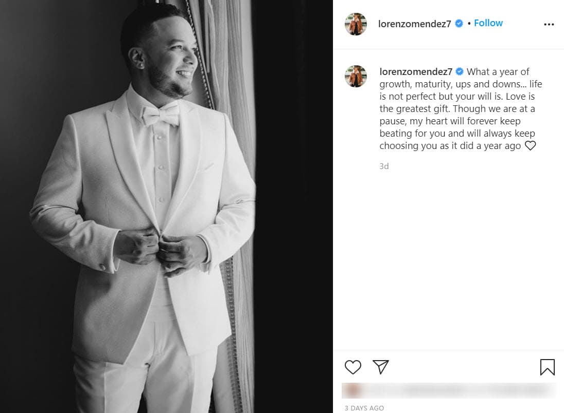 Por su parte, Lorenzo compartió en esta fotografía del día de su boda un mensaje en donde
<b>reitera el amor que siente por su esposa</b>.
<br>