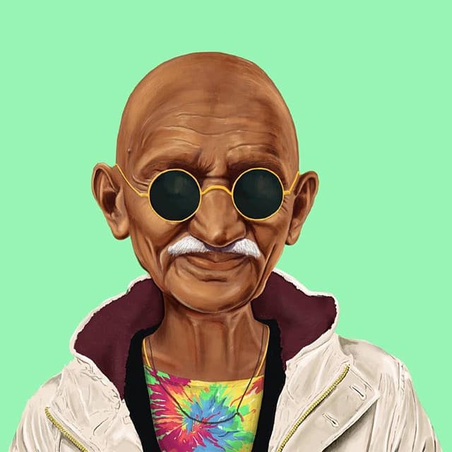 Qué fashionista resultó Mahatma Gandhi con una camiseta multicolor y su chaqueta hueso que apaga el ‘boom’ de luz.