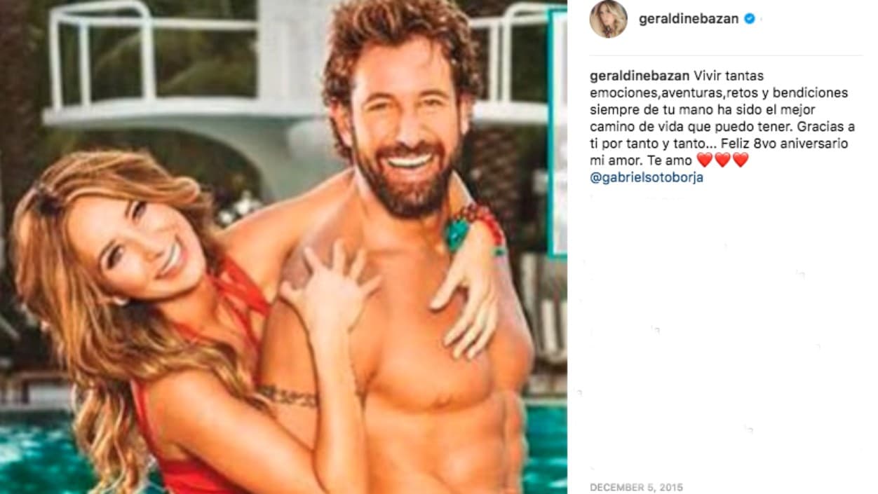 <b>2015 - El año de la plenitud</b>
<br>
<br>Fue un año libre de controversias para la pareja. En abril, ambos fueron 
<b><a href="https://www.univision.com/entretenimiento/la-verdadera-relacion-entre-julian-gil-gabriel-soto-y-marjorie-de-sousa-no-es-la-que-te-han-contado-en-redes-sociales-fotos">bautizados en el río Jordán durante su viaje a Israel </a></b>y luego juntos a sus niñas visitaron Seaworld, en Orlando. También vacacionaron en Acapulco, donde el actor tiene una casa, con vista a la playa. La pareja estaba tan enamorada que el 5 de diciembre celebró su octavo aniversario derritiendo amor. "Vivir tantas emociones, aventuras, retos y bendiciones siempre de tu mano ha sido el mejor camino de vida que puedo tener. Gracias a ti por tanto y tanto... Feliz 8vo aniversario mi amor. Te amo", le escribió Geraldine Bazán. El, por su parte, le expresó las "gracias por tanto que me has dado. Por tu amor, comprensión, apoyo, ternura, y paciencia".