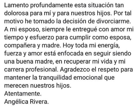 En febrero pasado, utilizando su perfil de Instagram, 
<b><a href="https://www.univision.com/entretenimiento/angelica-rivera-pone-fin-a-los-rumores-y-confirma-que-se-divorcia-de-enrique-pena-nieto">Angélica confirmó su divorcio</a></b> a través de un comunicado con el que dio por terminada su relación con Enrique Peña Nieto.