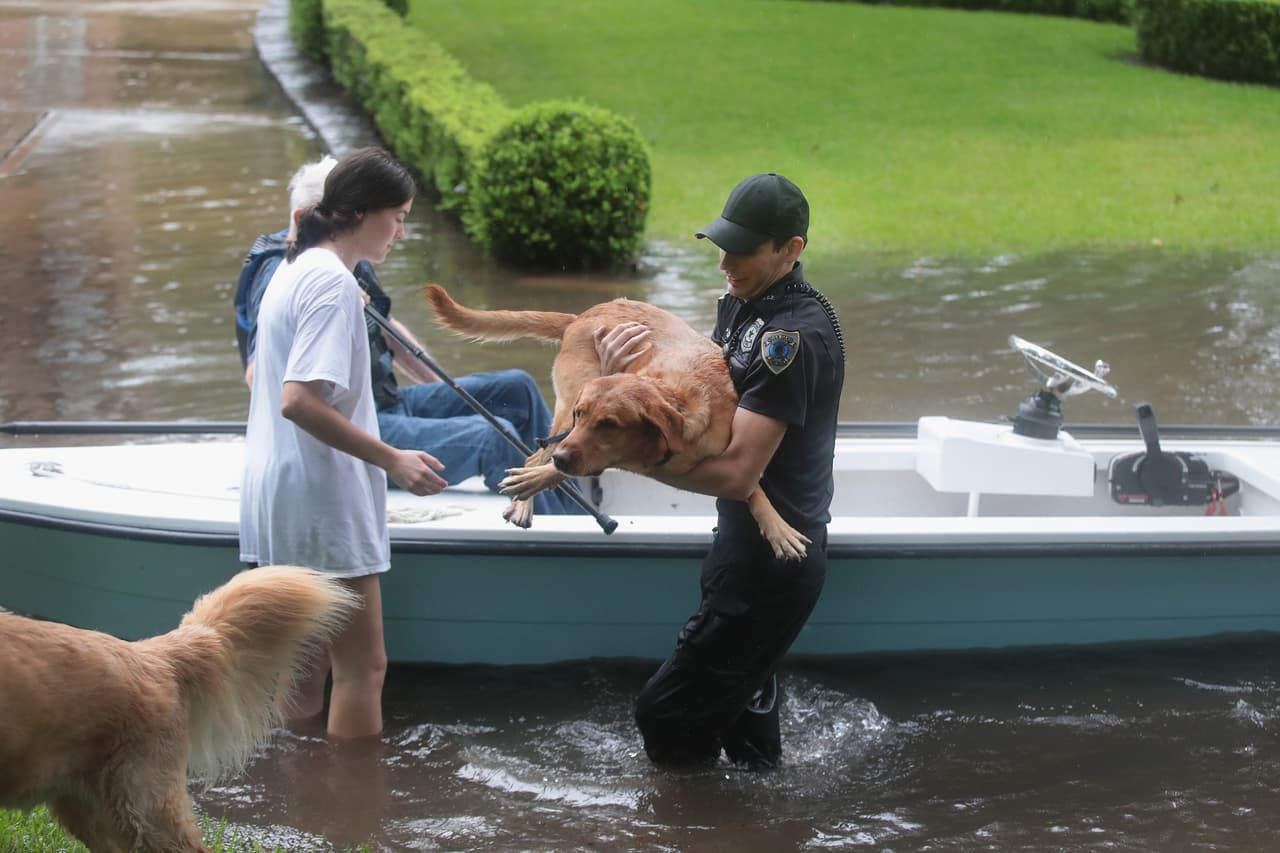 Un guardia de seguridad asiste a una residente y su mascota en River Oaks.