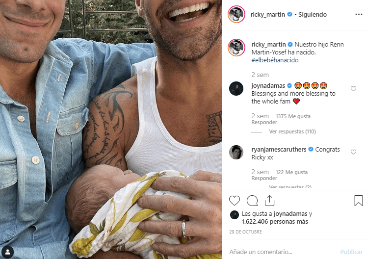 El pasado 29 de octubre, Ricky Martin anunció la llegada de su cuarto hijo Renn Martin-Yosef, con una tierna fotografía que compartió en Instagram.