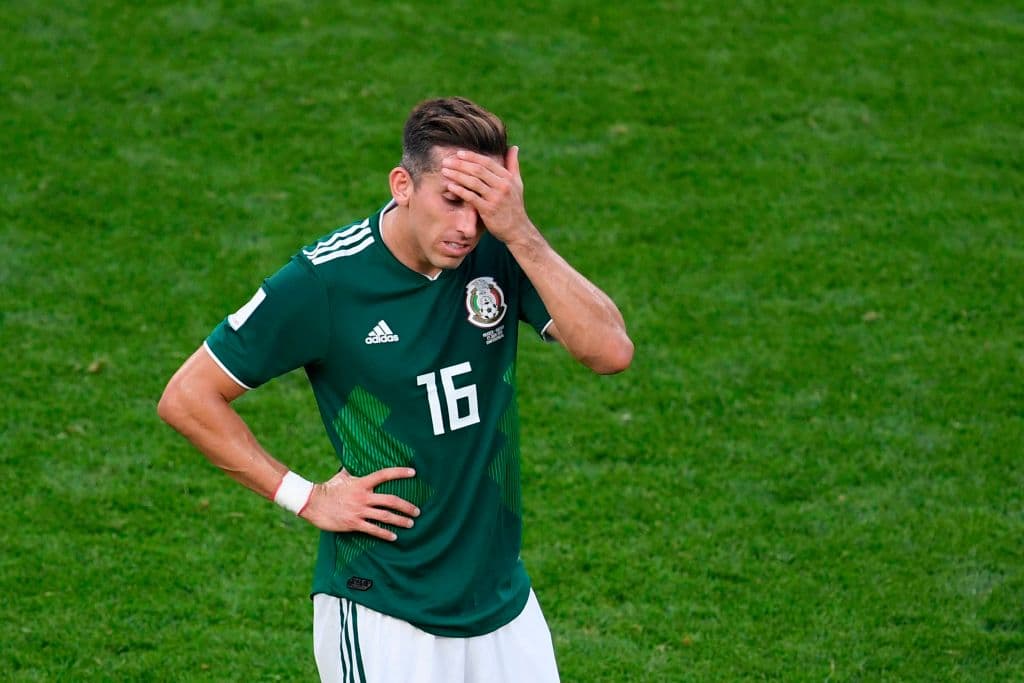 Mexico's midfielder Hector Herrera reacts during the Russia 2018 World Cup Group F football match between Mexico and Sweden at the Ekaterinburg Arena in Ekaterinburg on June 27, 2018. (Photo by JORGE GUERRERO / AFP) / RESTRICTED TO EDITORIAL USE - NO MOBILE PUSH ALERTS/DOWNLOADS (Photo credit should read JORGE GUERRERO/AFP/Getty Images)