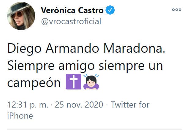 De hecho, una de las primeras en reaccionar a su muerte fue precisamente Verónica Castro, quien en Twitter publicó: "Diego Armando Maradona. 
<b><a href="https://twitter.com/vrocastroficial/status/1331666761347981312/photo/1" target="_blank">Siempre amigo, siempre un campeón</a></b>". 
<br>