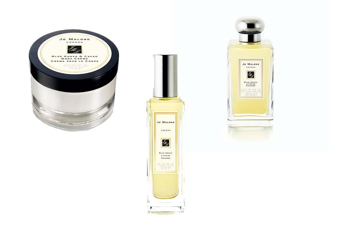 Blue Agava & Cacao Esta línea de la marca inglesa Jo Malone se inspira en el ritmo sexys de la música latina. Entre sus notas destacan las limas frescas, el agave azul y por supuesto granos de cacao.