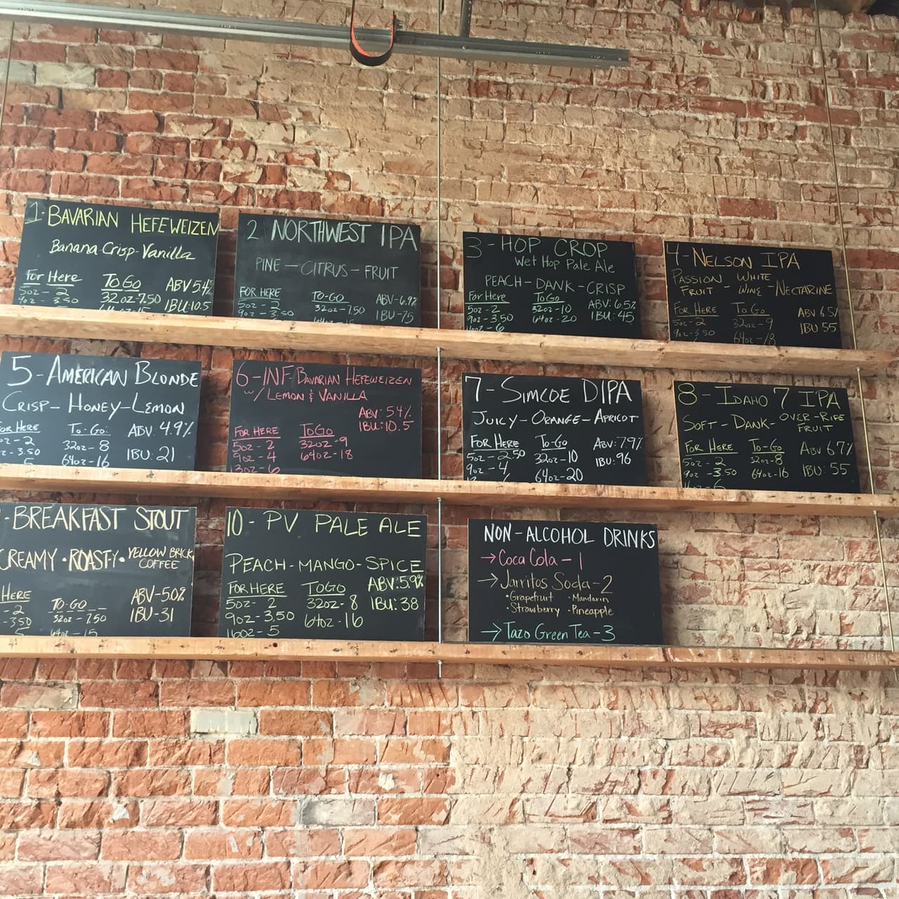 El menu de las cervezas que se producen en la cerveceria está en una de las paredes del local