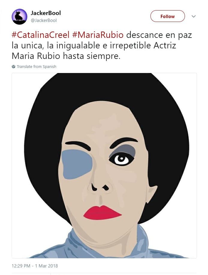 El personaje de Catalina Creel caló de tal forma en el imaginario popular que al conocerse la noticia de la muerte de María Rubio comenzaron a aflorar expresiones artísticas inmortalizando el rostro de la malvada mujer con su emblemático parche en el ojo derecho. Aquí una representación que el ilustrador Jacker Bool publicó en su cuenta de Twitter.