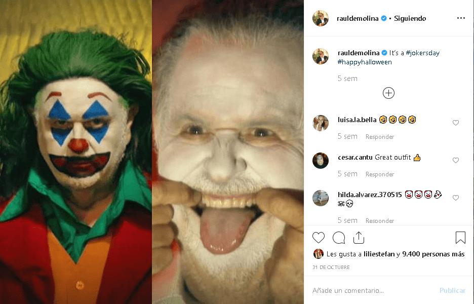 Desde entonces, el presentador ha presumido su imitación
<b><a href="https://www.instagram.com/p/B4S0JWjl7EA/" target="_blank">con fotos y videos</a></b> en la red social. Esta fue la que compartió con sus seguidores el 31 de octubre pasado. "Es día de Joker. Feliz Halloween", escribió.