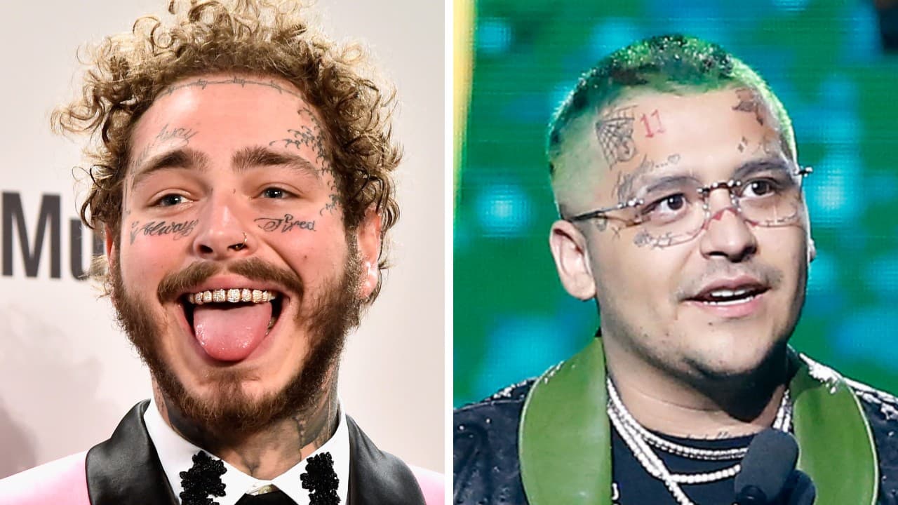 El rapero Post Malone y Christian Nodal, dos cantantes que tiene tatuajes en el rostro.