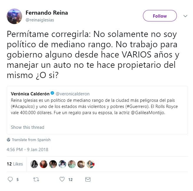 La incógnita de si el auto era o no rentado quedó resuelta cuando 
<b>Fernando Reina fue cuestionado por una periodista en Twitter</b> sobre la propiedad del carro de lujo y los recursos para adquirirlo. Ahí, el esposo de Galilea Montijo aseguró: "manejar un auto no te hace propietario del mismo".