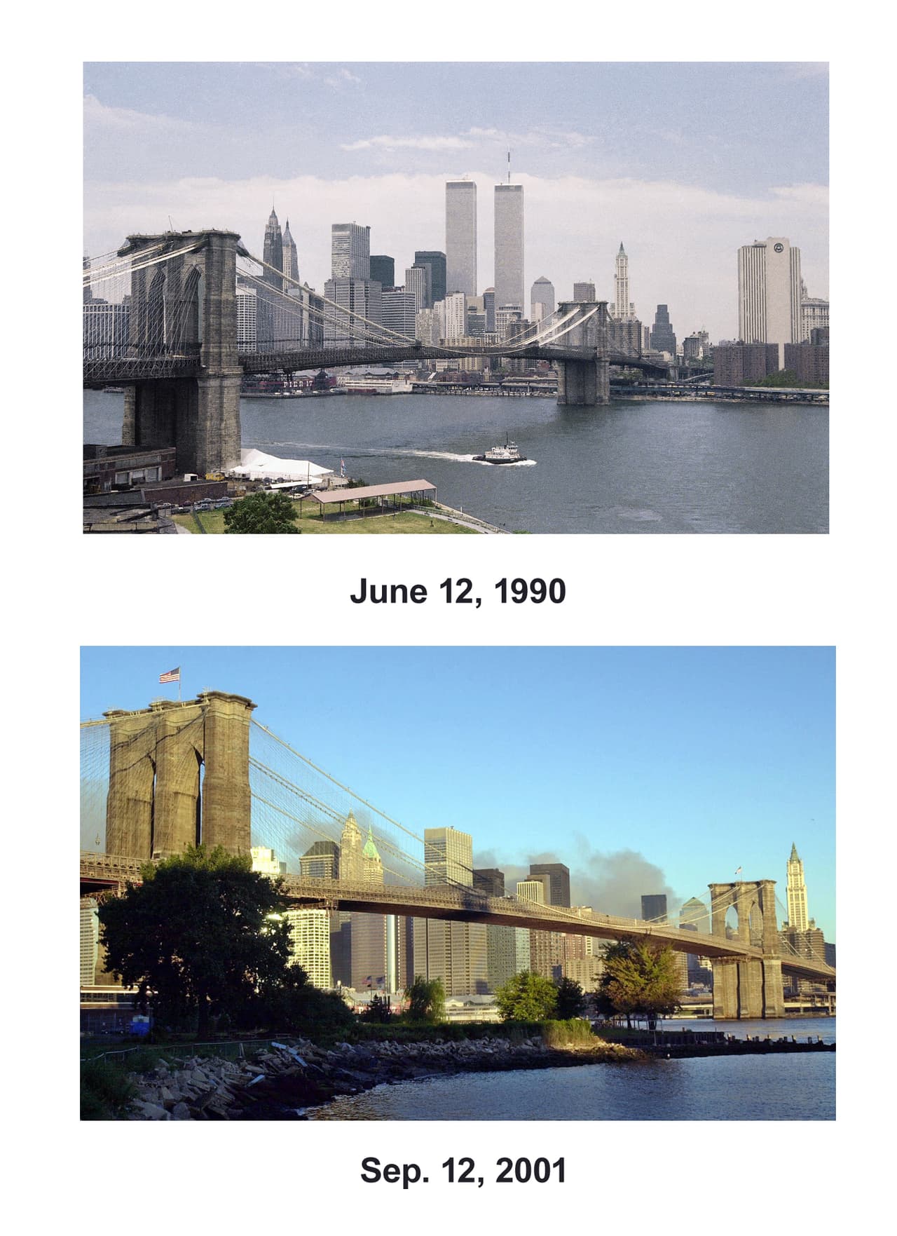 En esta composición de fotografías tomadas desde un ángulo similar se compara el paisaje de la ciudad antes y después del ataque terrorista del 11 de septiembre de 2001, con el puente de Brooklyn en primer plano. En la imagen superior, de 1990, a las torres gemelas del World Trade Center. En la fotografía inferior el paisaje de Nueva York sin las torres, la día siguiente de la tragedia.