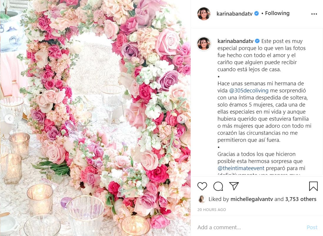 "Hace unas semanas mi hermana de vida María me sorprendió con una íntima despedida de soltera, 
<b>solo éramos 5 mujeres</b>, cada una de ellas especiales en mi vida y aunque 
<b>hubiera querido que estuviera familia</b> o más mujeres que adoro con todo mi corazón, las circunstancias no me permitieron que así fuera".
<br>
