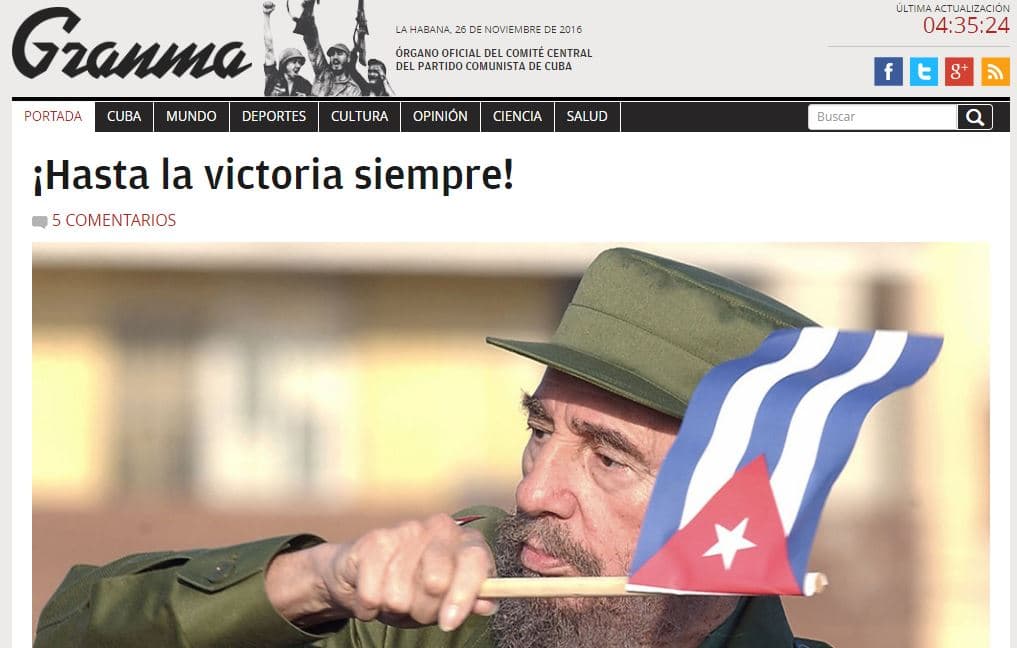 Portada de la edición digital del diario Granma.