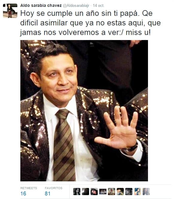 El pasado 14 de octubre, su hijo Aldo Sarabia Jr, recordó con dolor y tristeza la partida inesperada de su padre, quien duró desaparecido varios días.
