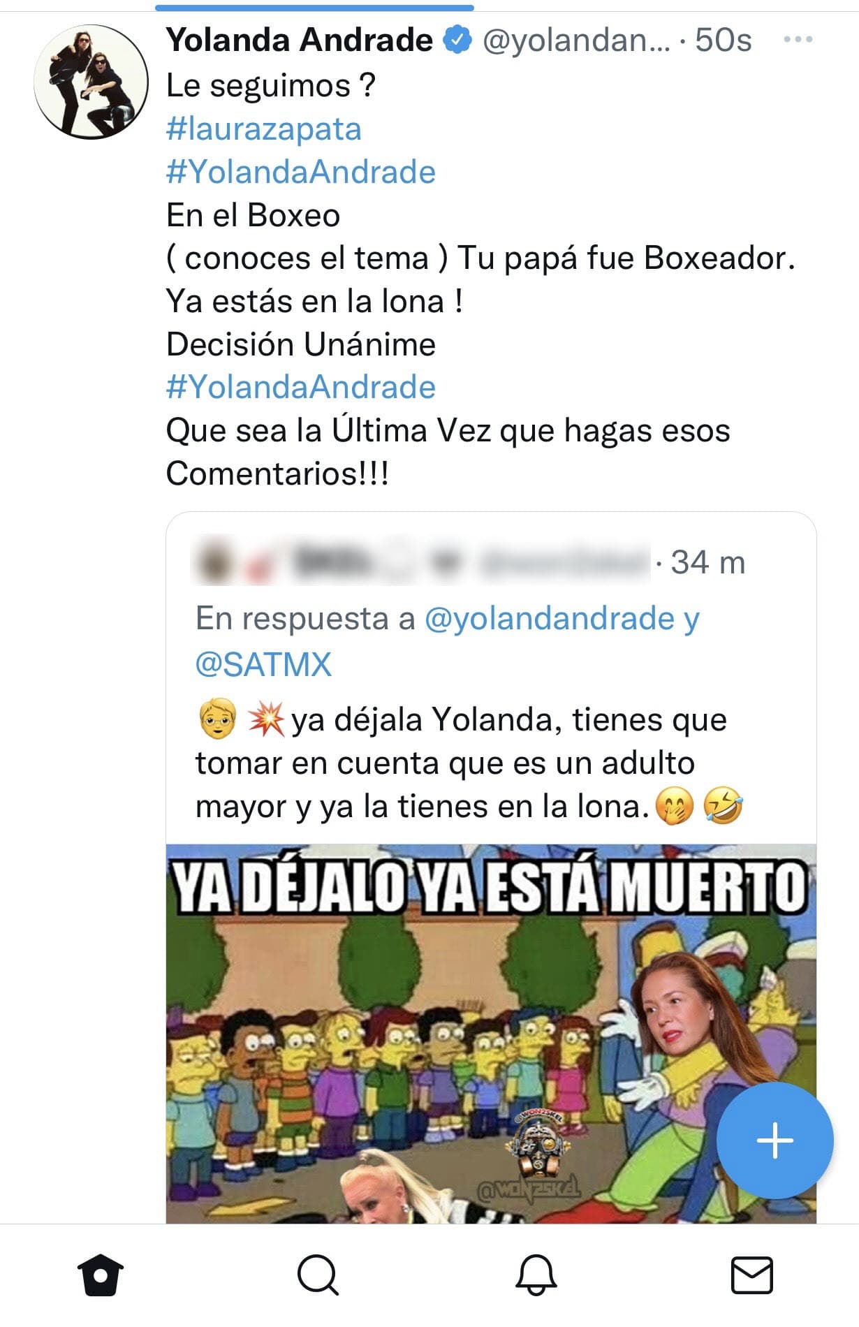 En otro más, le dijo que 
<b>"¡ya estaba en la lona!"</b>, haciendo alusión al término que se utiliza en el box cuando un contrincante es vencido por otro, y además le advirtió: "¡Que sea la última vez que hagas esos comentarios (sobre los mexicanos)!". 
<br>