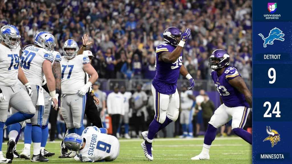 <b>Detroit 9-24 Minnesota</b>. La defensa de los Vikings capturó 10 veces a Matthew Stafford en una tarde en la que la defensiva púrpura se encargó de reslver este partido para Minnesota.