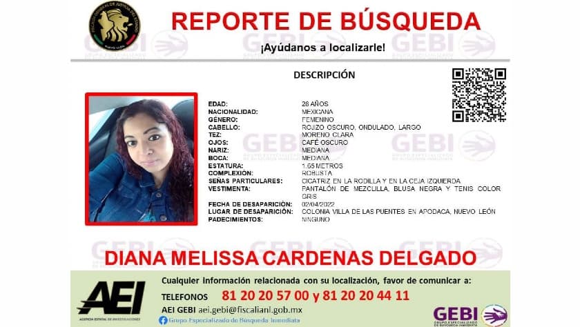 <b>Diana Melissa Cárdenas Delgado</b>, de 28 años quien fue vista por última vez el 2 de abril pasado en la colonia Villa de los Puentes, en el municipio de Apodada, Nuevo León.