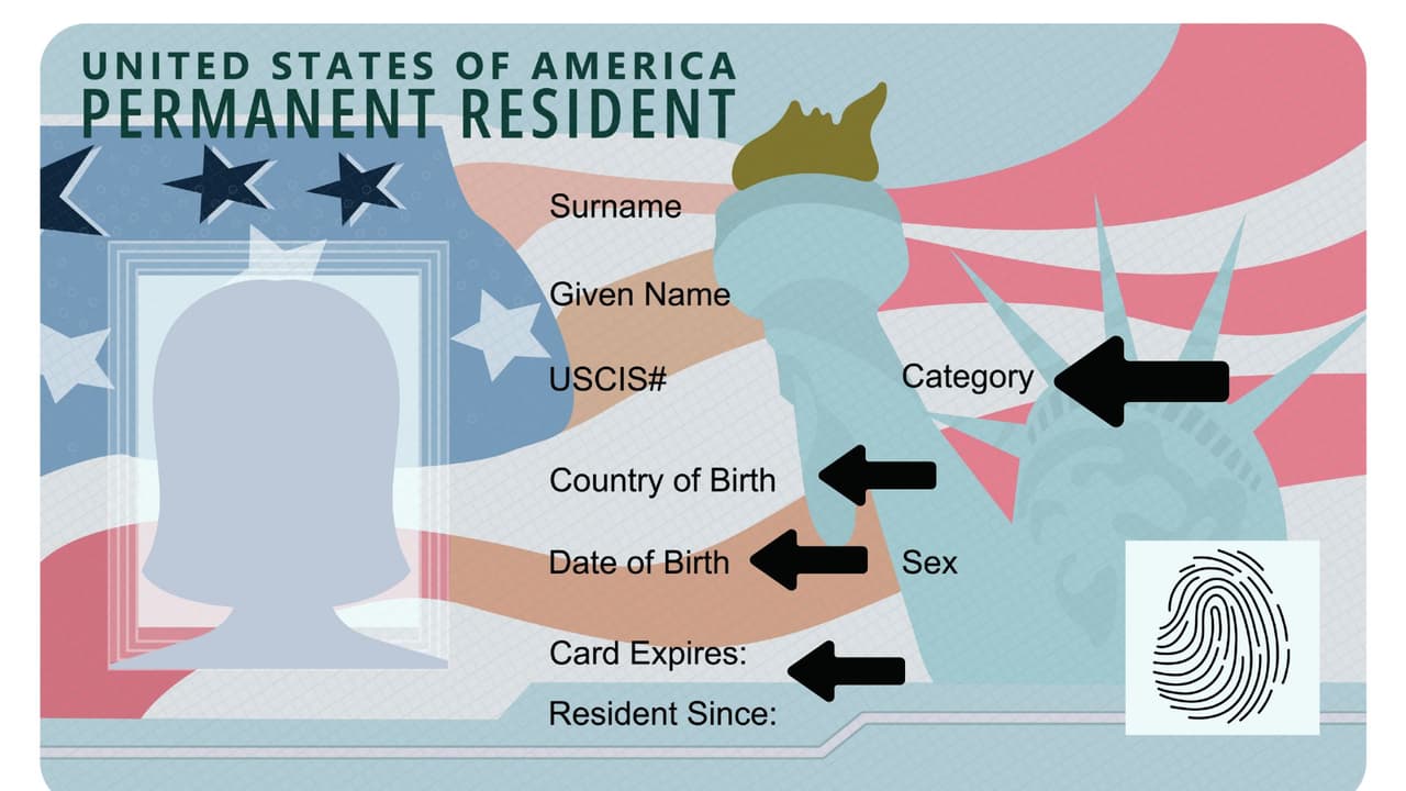 <b>Categoría de residencia:</b> Es un código de letras y números que explica cómo obtuviste la residencia. 
<br>
<b>IR1 –</b> Cónyuge de ciudadano estadounidense. 
<br>
<b>CR1 –</b> Cónyuge de ciudadano con residencia condicional.
<br>
<b>E21 –</b> Profesional con título avanzado o habilidades excepcionales. 
<br>
<b>DV1 –</b> Ganador de la Lotería de Visas de Diversidad. 
<br>
<b>IW1 – </b>Viudo(a) de ciudadano estadounidense. 
<br>Para las autoridades, esta es
<b> una de las primeras señales para confirmar tu vía migratoria.</b> 
<br>
<b>Fecha “Resident Since”:</b> Marca desde cuándo eres residente permanente. 
<br>
<b>Fecha “Card Expires”:</b> Indica cuándo vence la tarjeta, no tu estatus (el estatus puede ser permanente, pero la tarjeta debe renovarse). 
<br>
<b>País de nacimiento: </b>Debe coincidir con tus documentos de origen. 
<br>
<b>Elementos de seguridad:</b> Hologramas, microtexto, tinta UV y otros que ayudan a detectar falsificaciones.