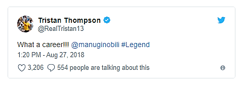 El delantero de poder de los Cleveland Cavaliers Tristan Thompson le rinde pleitesías también a Manu, lo llama leyenda.