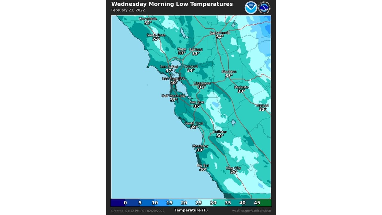 Las temperaturas frías se experimentarán particularmente en el Área de la Bahía el miércoles 23 de febrero del 2022.