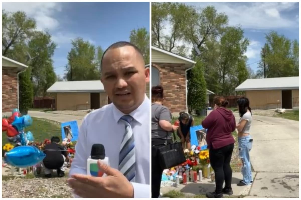 Un altar con globos, flores, velas, peluches y mensajes de apoyo se puede ver afuera de la casa de la familia Hernández.