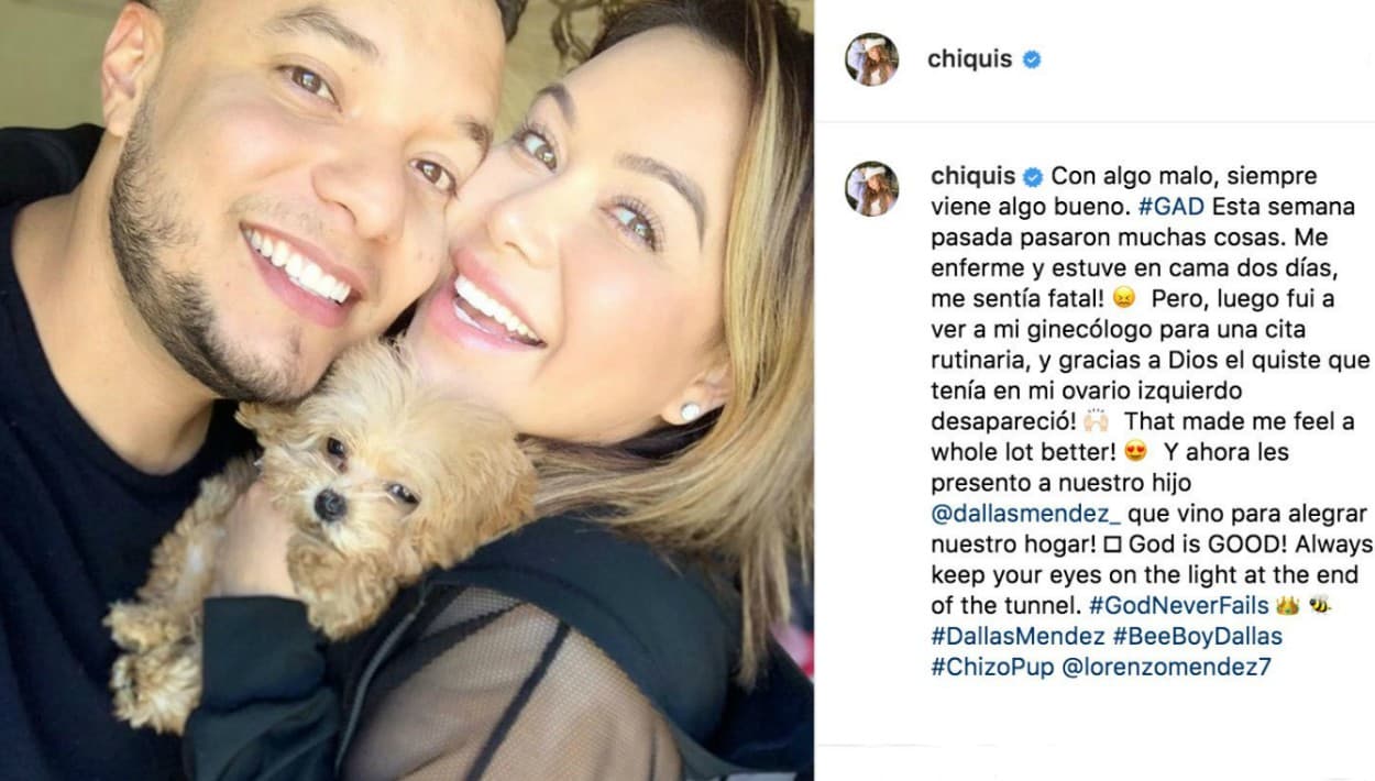 La artista compartió que
<b><a href="https://www.univision.com/entretenimiento/chiquis-tenia-un-quiste-hemorragico-los-detalles-de-la-crisis-que-sufrio-la-hija-de-jenni-rivera">el quiste que tenía en su ovario izquierdo</a></b>, desapareció, lo que la hace sentir mucho mejor. Y, en otros temas, junto a Lorenzo presentó a
<b>su bebé, Dallas Méndez</b>. "Vino para alegrar nuestro hogar", comentaron los recién casados.