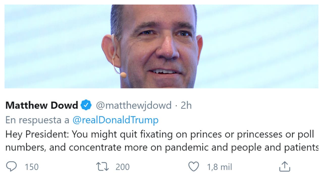 Por ejemplo, el analista político de la ABC, 
<b><a href="https://twitter.com/matthewjdowd" target="_blank">Matthew Dowd</a></b>, le respondió: "Hola Presidente:
<b> podría dejar de fijarse en príncipes o princesas</b> o en los números de las encuestas, y concentrarse más en la pandemia, las personas y los pacientes".
<br>