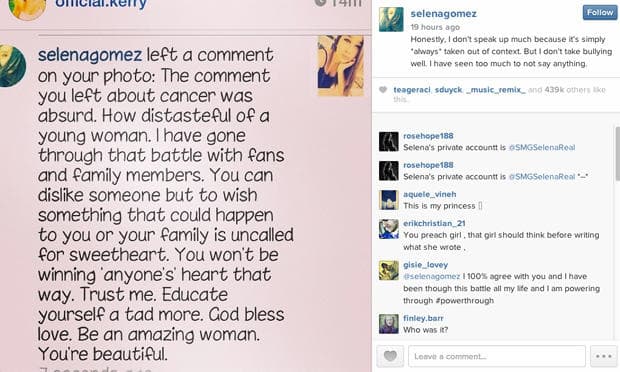 "El comentario que dejaste sobre el cáncer fue absurdo... Puede que alguien te disguste, pero desear algo que podría ocurrirte a ti o a tu familia es impertinente. No ganarás el corazón de nadie de esa forma. Edúcate. Bendiciones, se una chica increíble y hermosa", contestó la cantante.