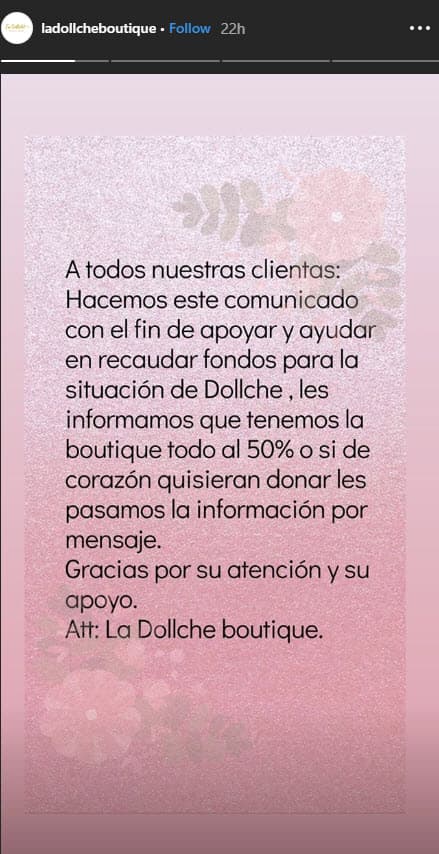 Ambas compañías tienen sus propias cuentas de Instagram y, el pasado 30 de agosto, publicaron en sus historias que la mercancía estaría en descuento para "recaudar fondos para la situación de Dollche".
<br>