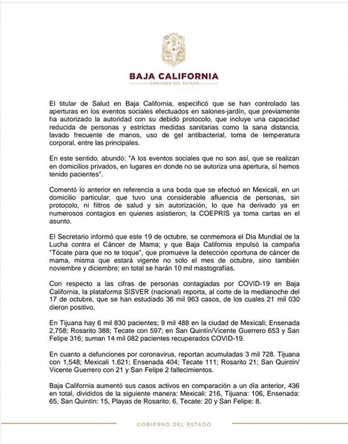 La Secretaría de Salud de Baja California emitió 
<b><a href="https://www.facebook.com/BC.SecretariaSalud/photos/a.674246325933543/3753252918032853/?type=3" target="_blank">un comunicado</a></b> publicado el 19 de octubre en el que se afirmó que en la fiesta del actor de 
<b><a href="https://www.univision.com/shows/la-doble-vida-de-estela-carrillo" target="_blank">La Doble Vida de Estela Carrillo</a></b> no hubo "protocolo ni filtros de salud" y que, derivado de ello, se dieron "numerosos contagios".
<br>